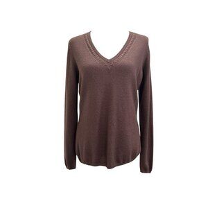 Women’s Faconable V Neck Brown Cashmere Blend Sweater Size L